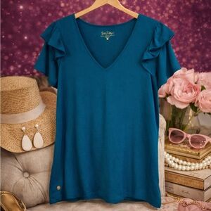 Lilly Pulitzer Teal Ruffle Sleeve V-Neck Top – Size M
